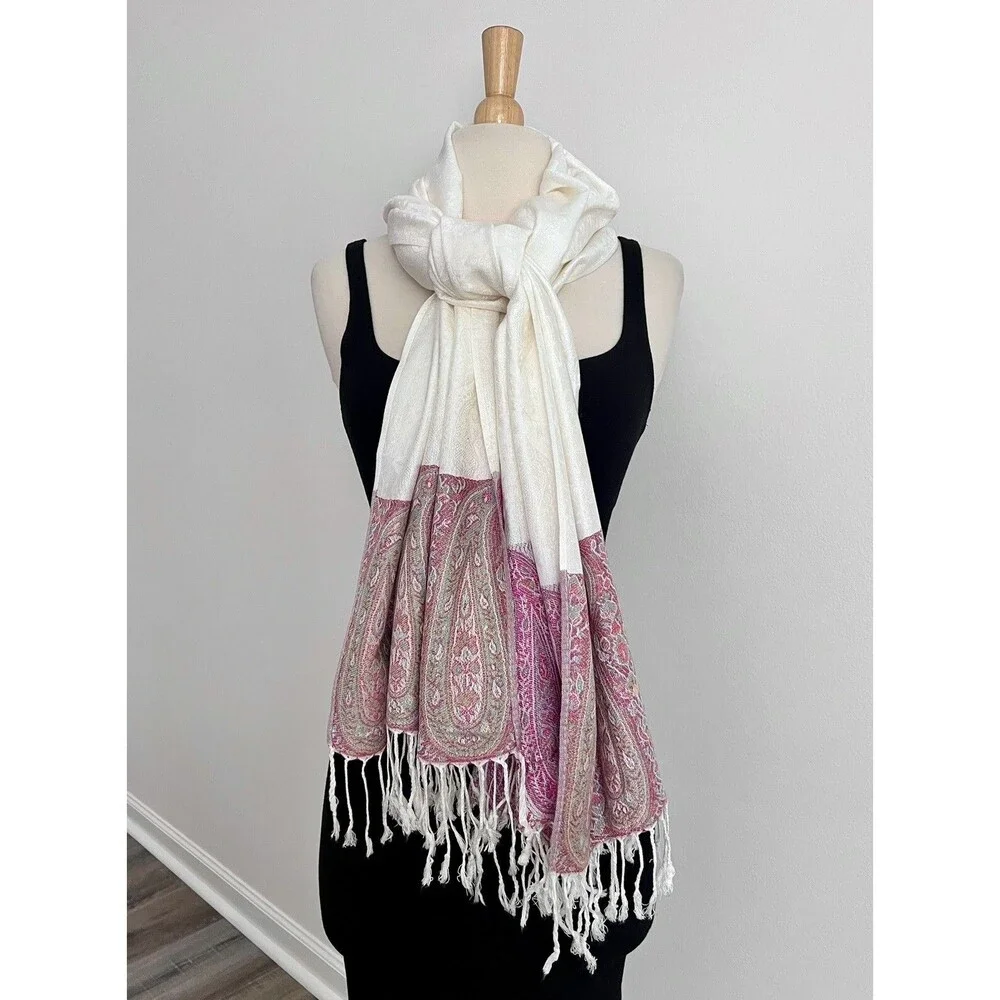 Soft Ivory Paisley Floral Scarf 100% Cashmere Boho Casual Colorful Pink Border